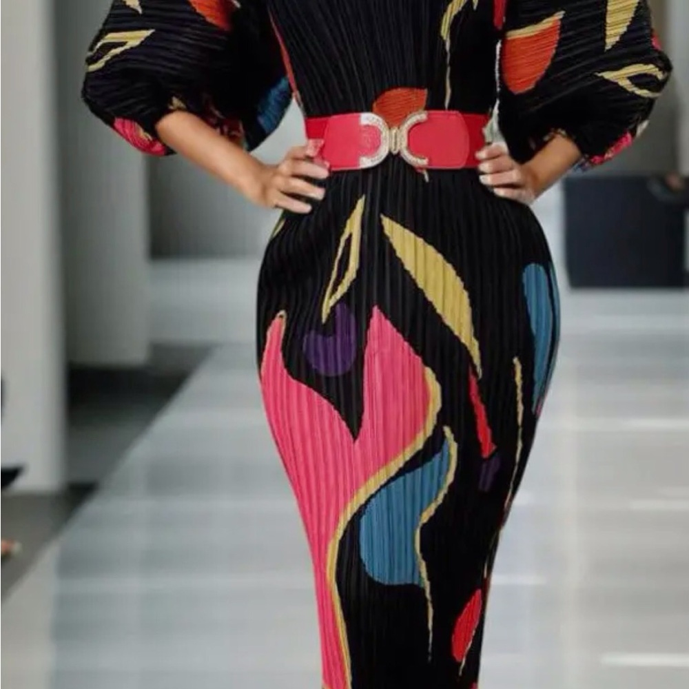 Black Multicolor Pleated Midi Dress with Red Belt